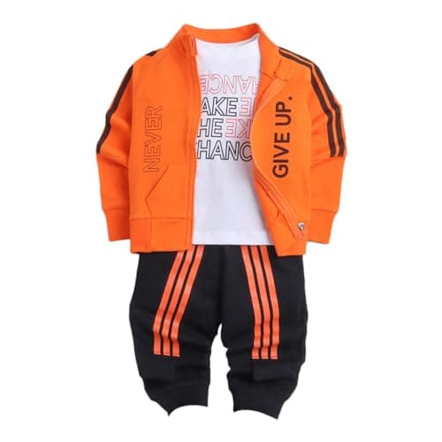 Hopscotch Baby Boys Cotton Text Printed T-Shirt, Jacket And Jogger Set In Orange Color For Ages 18-24 Months (YF0-3316193)