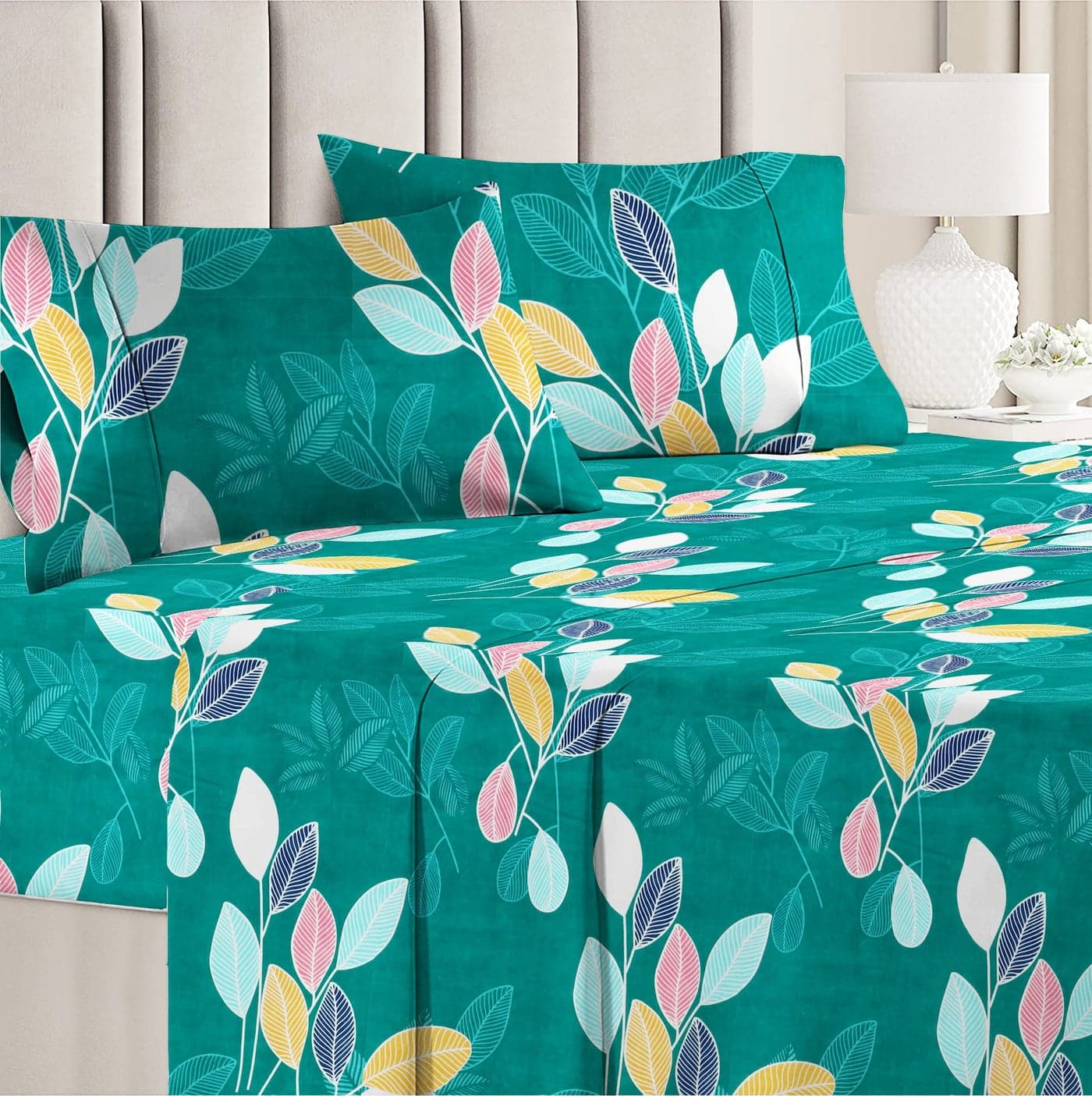 BSB HOME® 3D Printed 144 Tc Microfiber Double Bedsheet with 2 King Size Pillow Covers (Green,Multicolour Leaf Printed 90X90 Inches)