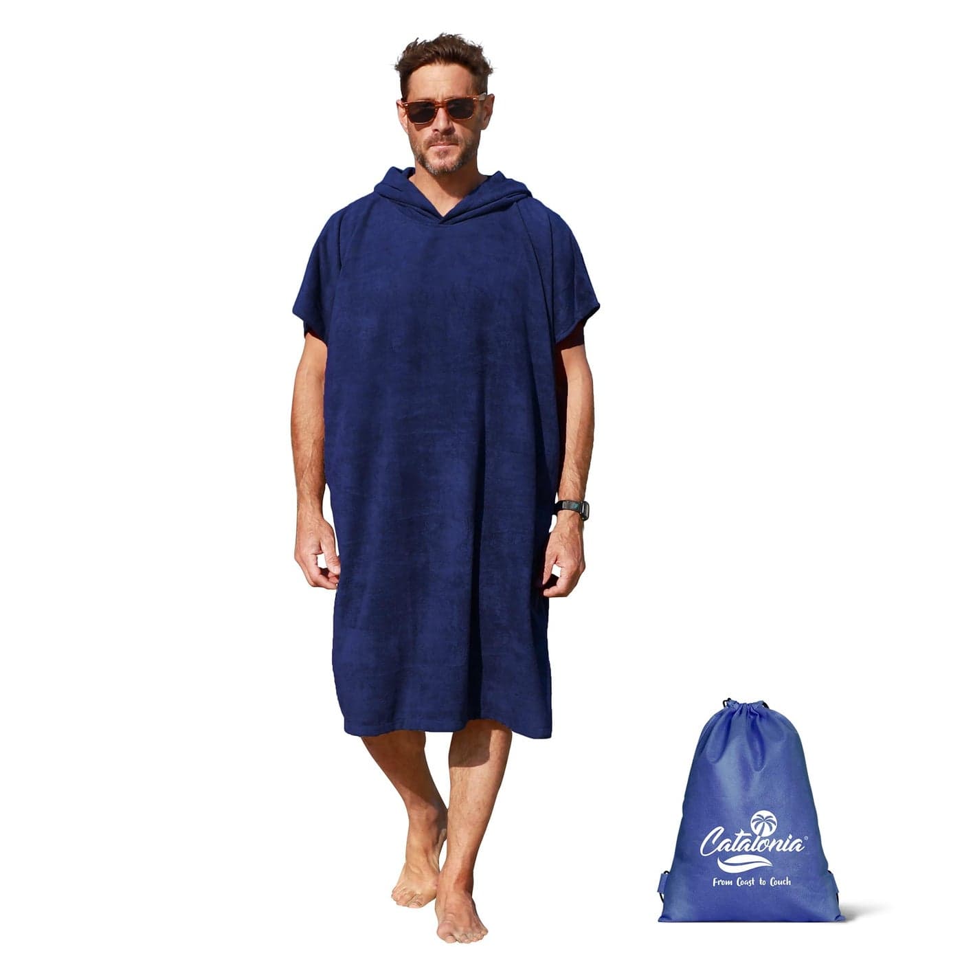 Catalonia Absorbent Surf Poncho Men Women Towel Changing Poncho Quick Dry Hooded Towel Poncho Adult Changing Robe for Beach Surfing Swimming Navy
