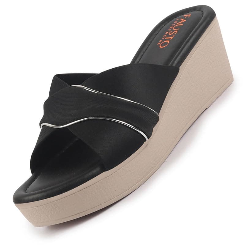 FAUSTO FST KI-661 BLACK-38 Women's Black Silver Lining Open Toe Cross Strap Wedge Slip On Sandal With Cushioned Footbed|Sandal For Party|Festive|Wedding (5 UK)