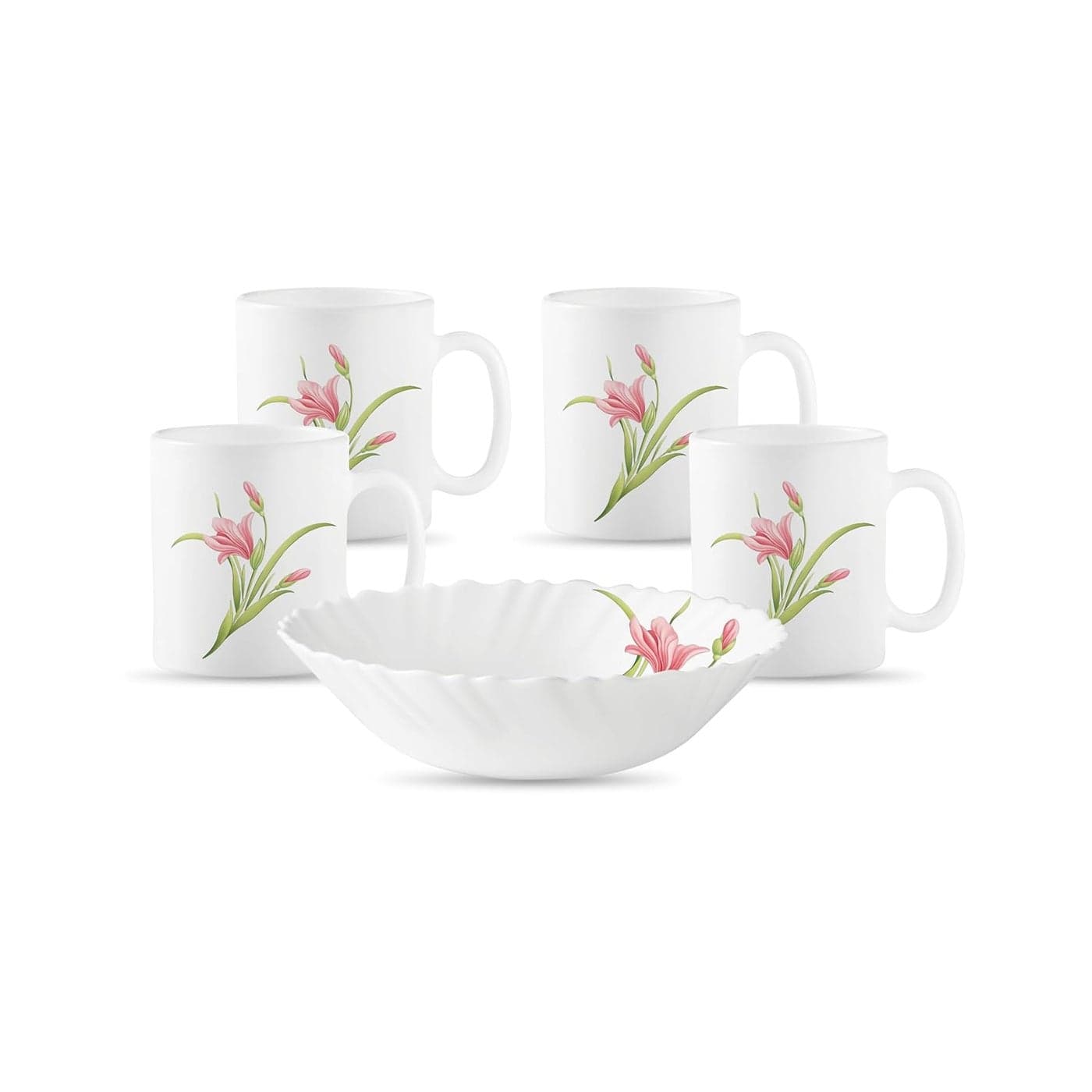 La Opala Diva Classique Collection Opal Glass Crockery Gift Set of 5 Coffee Time Set 5 pcs Flaming Red Bowls Coffee Mugs Microwave Safe 100 Vegetarian Extra Strong Light White