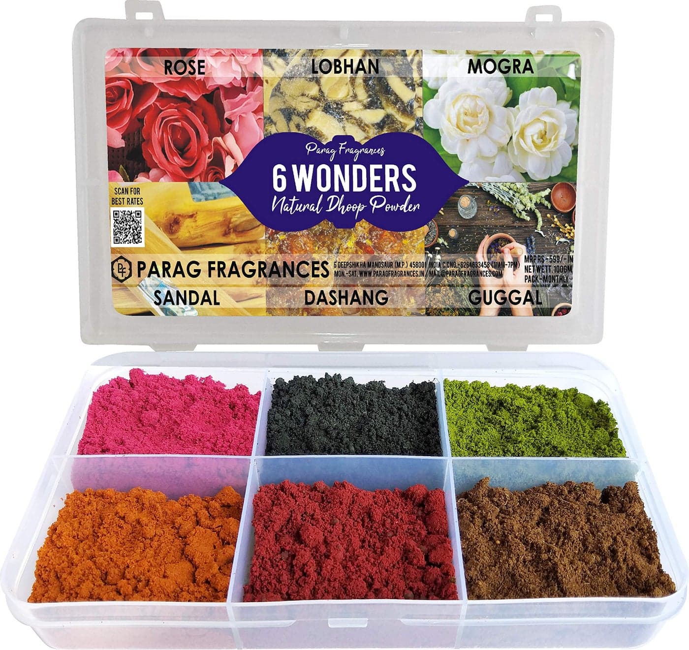 Parag Fragrances 6 Wonders Dhoop Powders for Dhuni/Hawan/Fragrance at Home (Rose/Lobhan/Mogra/Chandan/Dashang/Guggal) Natural Hawan Samagri