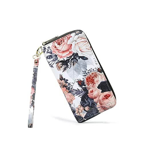 LOVESHE Women's Wallet RFID Blocking Bohemian style Credit Card Zip Around Phone Clutch Large Travel Purse Wristlet Clutch Wallet Zipper Wallet For Women(Champagne-Flower)