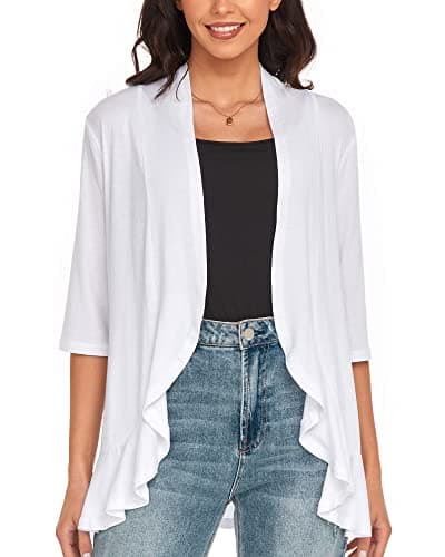 Argstar 3/4 Sleeve Cardigan for Women, Lightweight Open Front Casual Soft Draped Ruffles White Large