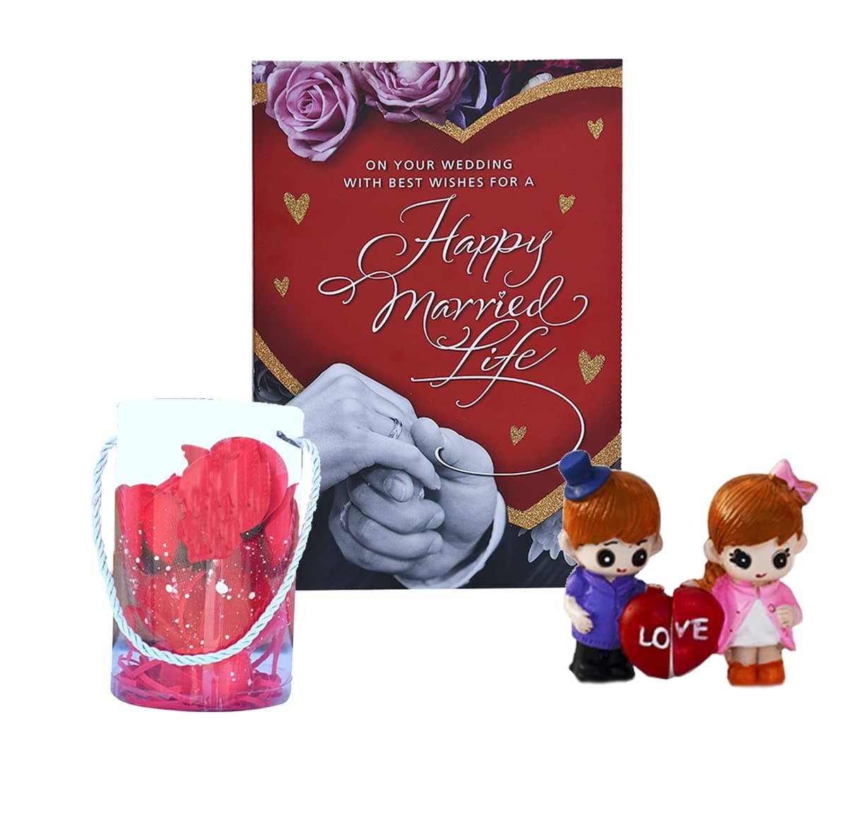 Saugat Traders Love Gift Combo for Girlfriend, Boyfriend - Love Greeting Card, Cute Couple Miniature, Red Rose Flower Bag - Valentines Day - Anniversary Gift