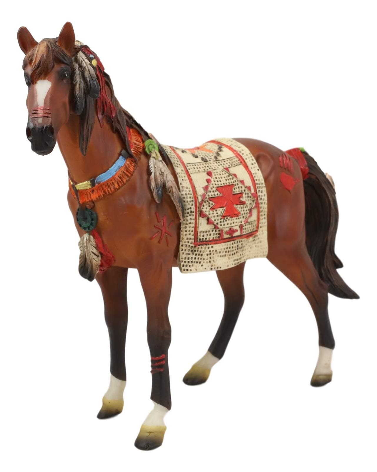 Ebros Equestrian Tribal Navajo Medicine Spirit Horse with Painted Tapestry Saddle Hand Crafted Statue 95 Long Native American Indian Symbols Palm Feathers Stallion Animal Decor Sculpture