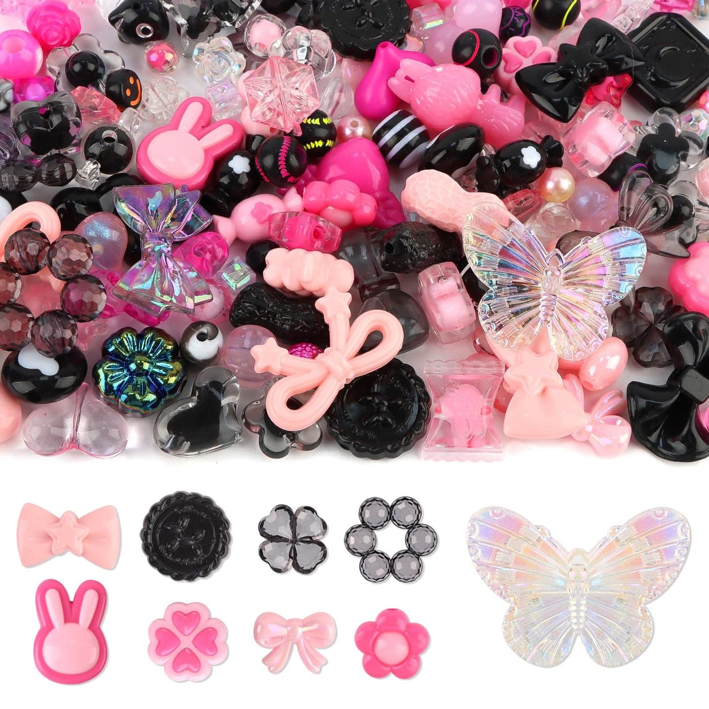 150PCS Acrylic Pastel Beads for Jewelry Making Kalolary Colorful Bow Butterfly Flower Kawaii Plastic Candy Heart Cute Macaroon Aesthetic Beads for Bracelet Necklace DIY Supplies Black Rose Pink