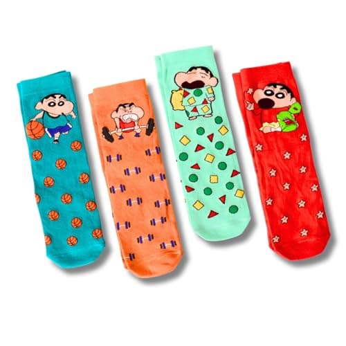 THELA GAADI Shinchan Socks - Pure Cotton Crew Length Printed Funky Cartoon Socks for Men & Women | Odour Free & Beathable | Free Size & Unisex