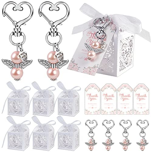 OurWarm 48Pcs Baby Shower Favors Including Cute Angel Keychains, Favor Boxes and Thank You Cards for Baptism Favors, Bridal Shower Favors, Birthday Party Favors Wedding Favors for Guests (Pink)