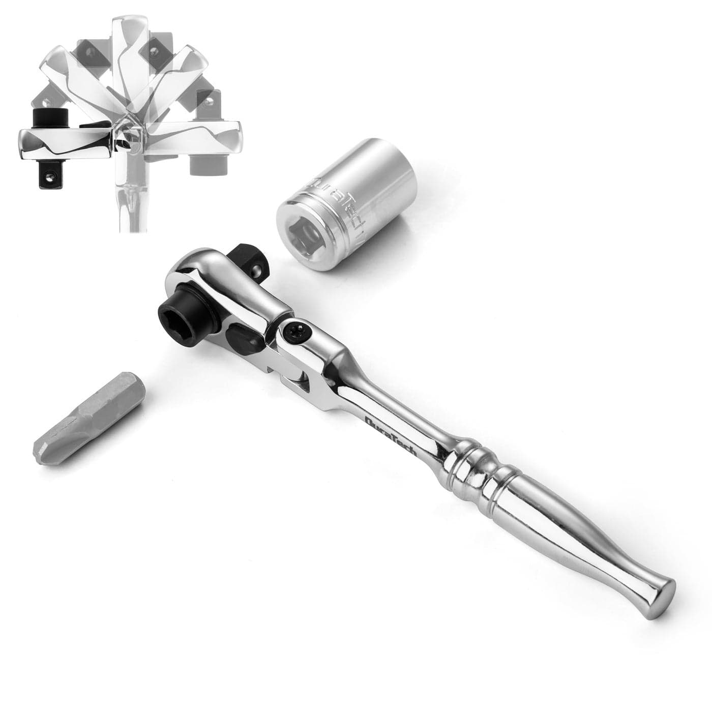 DURATECH 14 Drive Ratchet Handle 2 in 1 Flex Head Ratchet SocketBit Driver 72Tooth Reversible Switch FullPolished Chrome Plating Alloy Steel