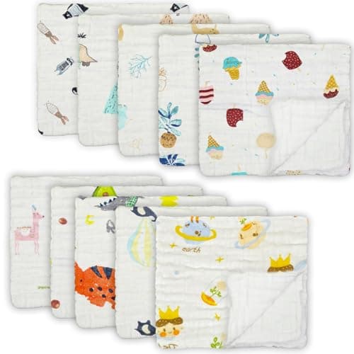 FOOK FISH Muslin Burp Cloths Cotton Burping Cloth 20'‘ X 10’' Pack of 10, Baby Spit Up Cloths for Newborn, Absorbent, Soft, Breathable Large, Premium 6-layer Construction, Unisex, for Boys Girls(Cute)