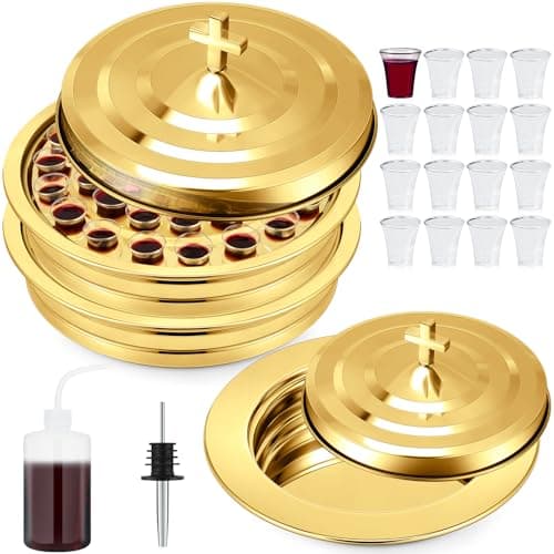 Zhehao 3 Pcs Communion Set Holy Trays for Churches with Lid Communion Plates with Lid Churches Cups Filler and Disposable Cups Supplies (Gold)