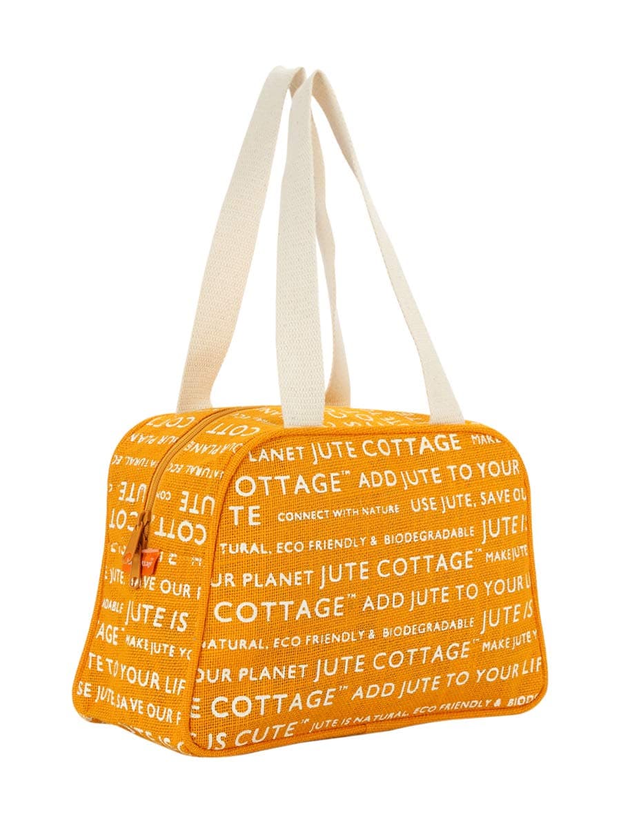 Jute Cottage Jute Bags for Lunch for Women and Men | Grocery Bag | Jute Carry Bag | Jute Tiffin Bags | Jute Bags with zip | Printed Jute Bag Print - Yellow
