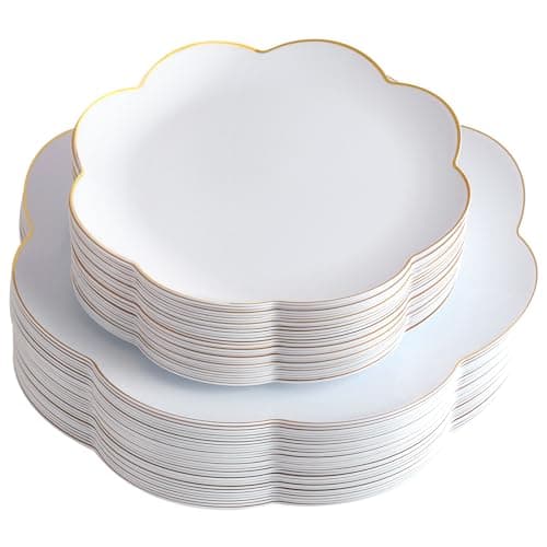 supernal 60pcs White Scalloped Plastic Plates with Gold Trim,Heavy Duty Elegant Disposable Plates Includes: 30 Gold Dinner Plate and Dessert Plate Perfect for Wedding, Bridal Shower Mother's Day