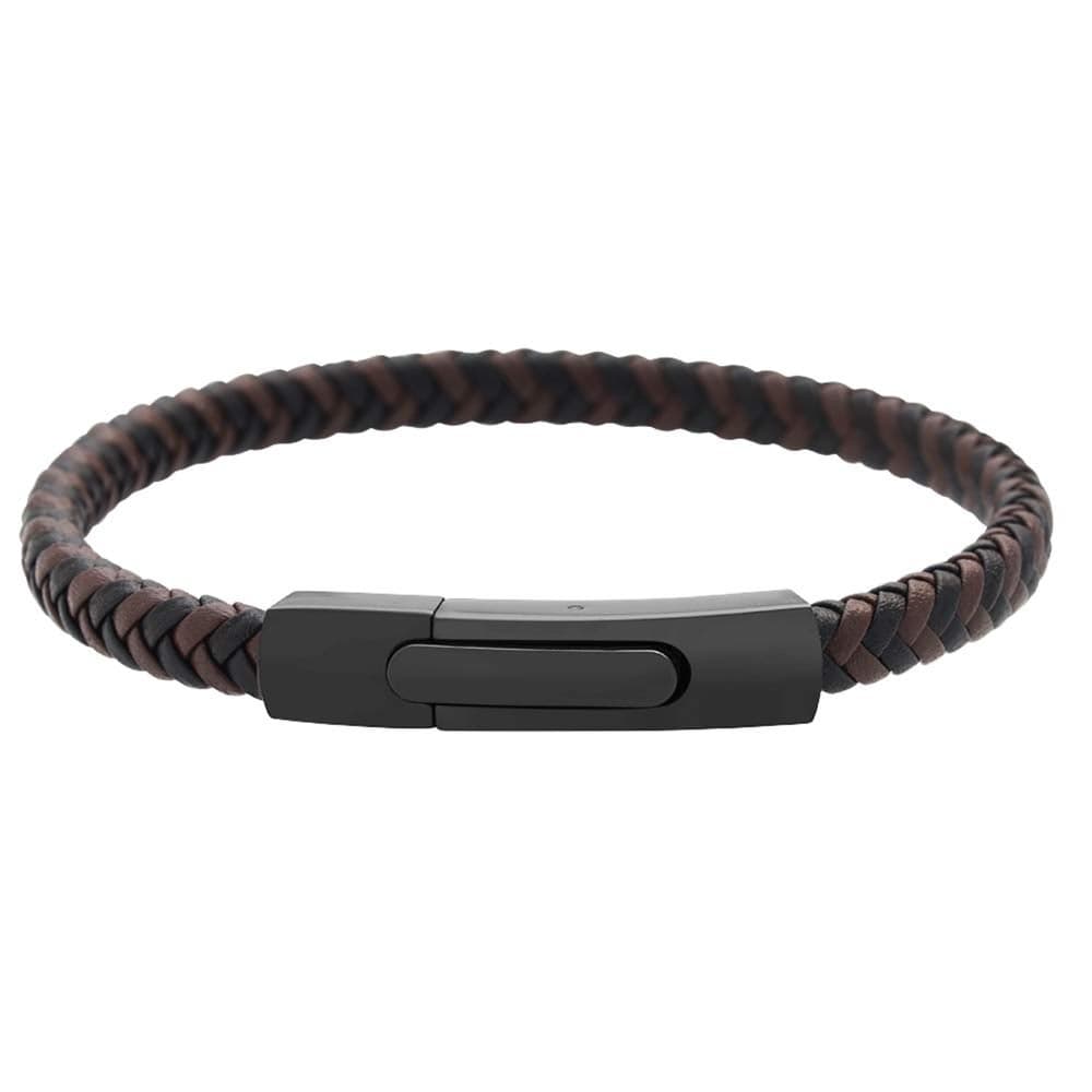 Geoffrey Beene Men's Braided Genuine Leather Fashion Bangle Bracelet with Stainless Steel Clasp (Brown)
