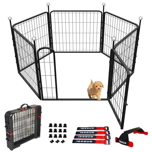 IGOOUO Puppy Playpen Indoor/Outdoor,24'' Portable Dog Playpen with Easy-Carry Straps,6 Panels Dog Pen Play Pen for Small Dogs,Rustproof Pet Playpen for Camping RV Yard(with One Door)