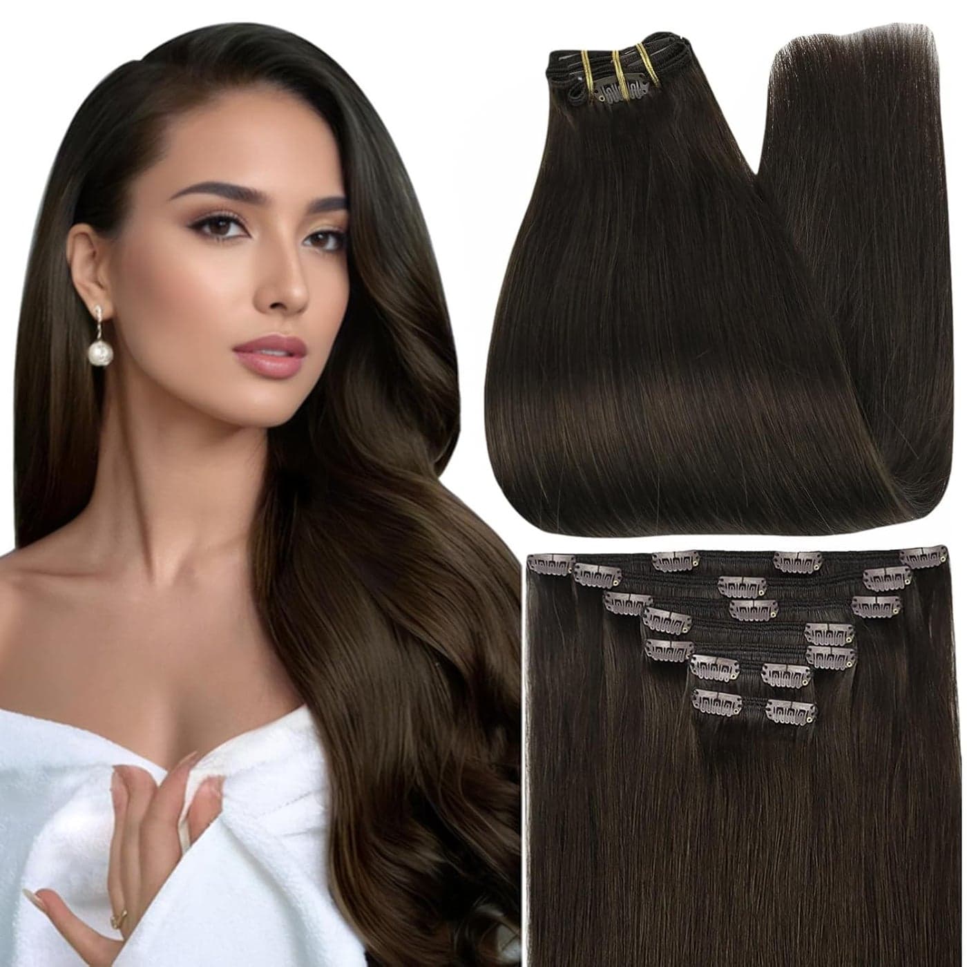 Full Shine 24 Inch Hair Extensions Clip ins Dark Brown Clip in Hair Extensions Human Hair Dark Brown Hair Extensions Dark Brown Human Hair Clip in Extensions Triple Weft Hair Extensions Brown 7 Pcs