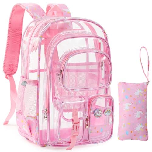 Unineovo Clear Backpack 17 inch Large Clear Bookbag with Cute Pin Accessories Double Layer Heavy Duty See Through Backpack for School College Work Stadium Travel