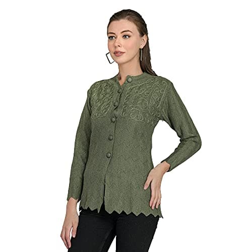 LADYWILLINGTON Women Woolen Round Neck Cardigan Printed Heavy Front Kadai Winter Wear Pure Wool Cardigan for Women Free Size Warm Cardigans with Side Pockets (in, Alpha, L, Regular, Olive)