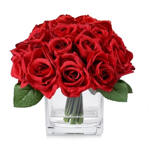 rubystory 18 Heads Red Rose Fake Flowers in Vase with Fake Water Silk Rose with Vase for Dining Table Bedroom Wedding Decor Red