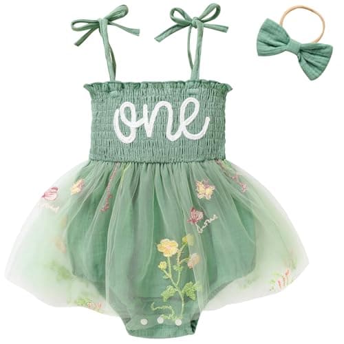 TITKKOP Baby Girl 1st Birthday Clothes One Year Old Tulle Romper Sleeveless Bodysuit Cake Smash Outfits(Green,9-12M)
