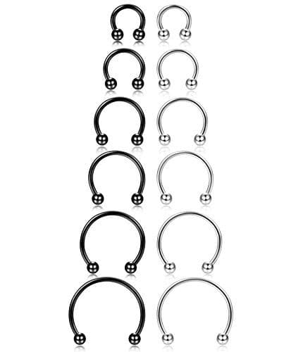 ORAZIO 12Pcs 14-16G Stainless Steel Nose Rings Septum Piercing Cartilage Horseshoe Earring Body Piercing 6MM-16MM Black And Silver Tone