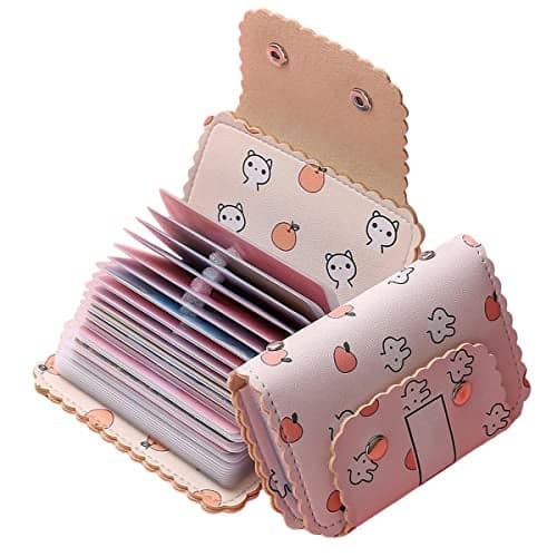 wolpin 20 Slots Credit Card Holder Wallet Leatherette Card Case for Men Women ID Visiting Debit Credit Card Organizer Compact Zipper Closure Pink Card Storage Holder