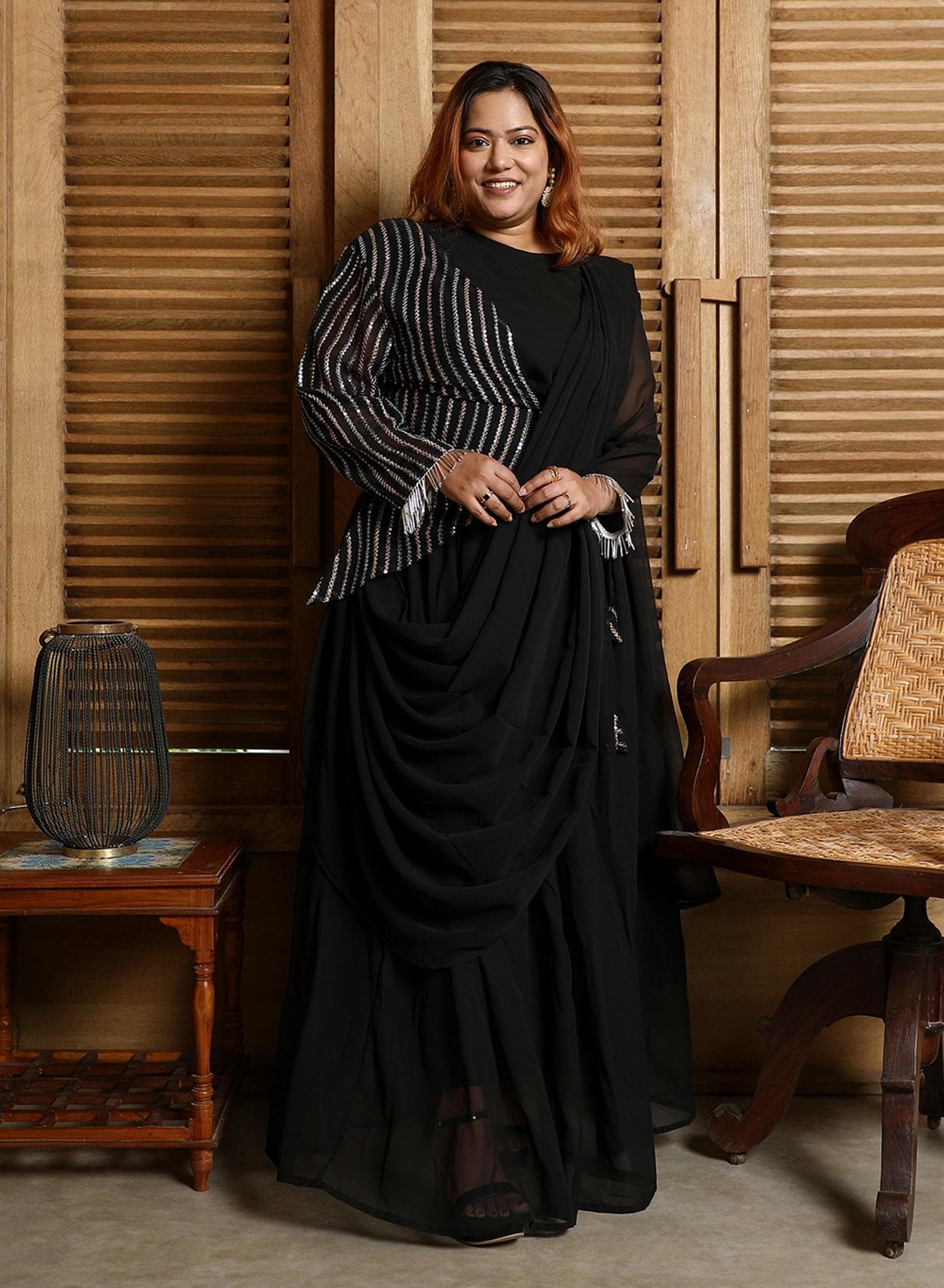 Women's Midnight Black Embellished Lined Pre-Draped Saree