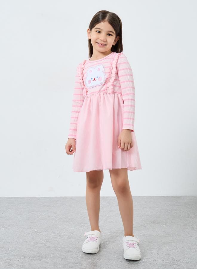 Girls Pink Bear Applique A-Line Dress