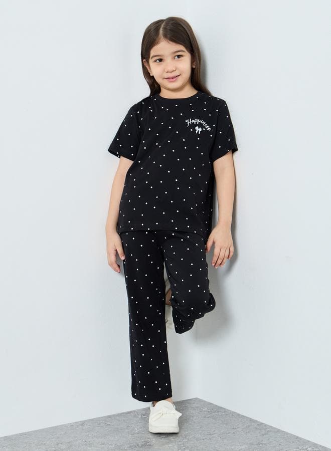 Girls Black Dot Print T-Shirt and Pants Set
