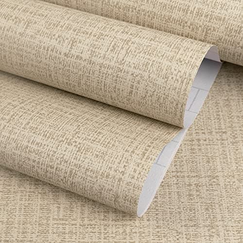 TANONE Khaki Contact Paper Peel and Stick, Grasscloth Beige Wallpaper Self Adhesive Removable Wallpaper, Fabric Linen Wall Paper Decorative for Wall Cabinets Drawers Kitchen 15.8" W X394 L
