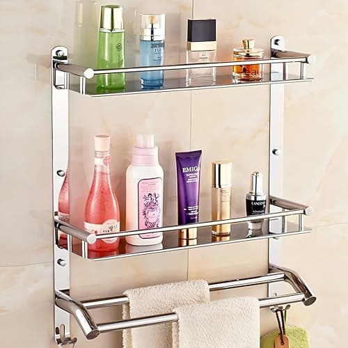 Pivalo 304 Grade Stainless Steel Bathroom Shelf with 2-Tier Rack Napkin Hanger Wall Mount Rack Floating Shelves Towel Rod Bathroom-Organizer Stand for Home Kitchen Wash Basin (1 Pc, Silver)