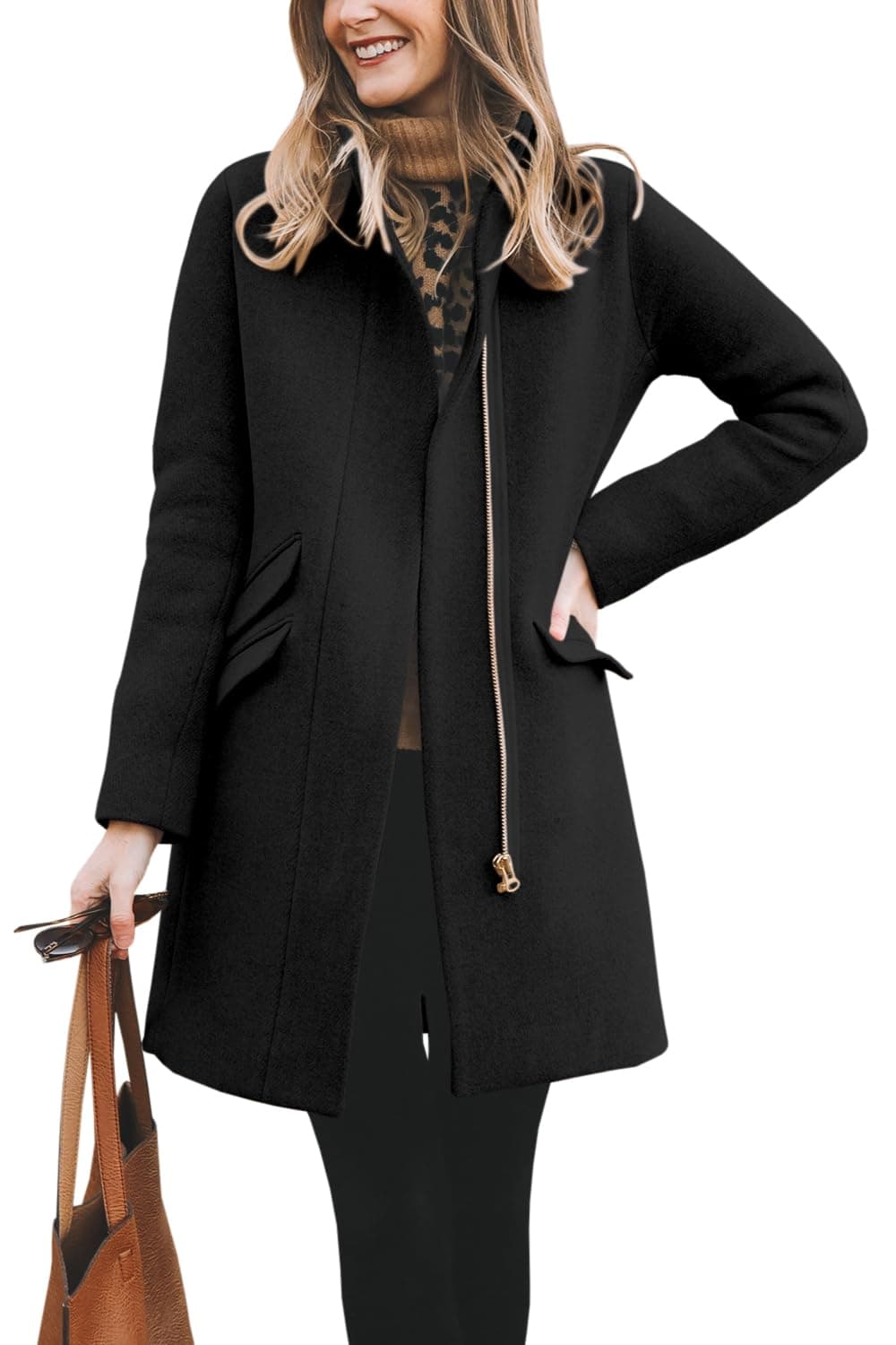 BZB Womens Long Coat Classic Open Front Zip Up Casual Winter Wool Blend Over Pea Coats Long Jackets Black