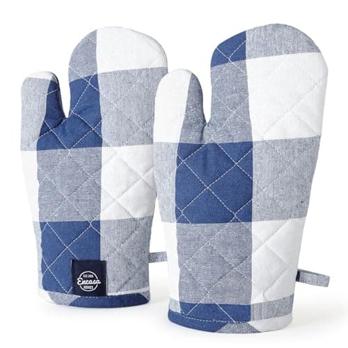 Encasa XO Oven Gloves for Microwave (2 pc Set) - Heat Proof, Thick & Safe | Longer 18x30 cm Mittens for Protection in Kitchen Cooking & Baking - Buffalo Blue Checks
