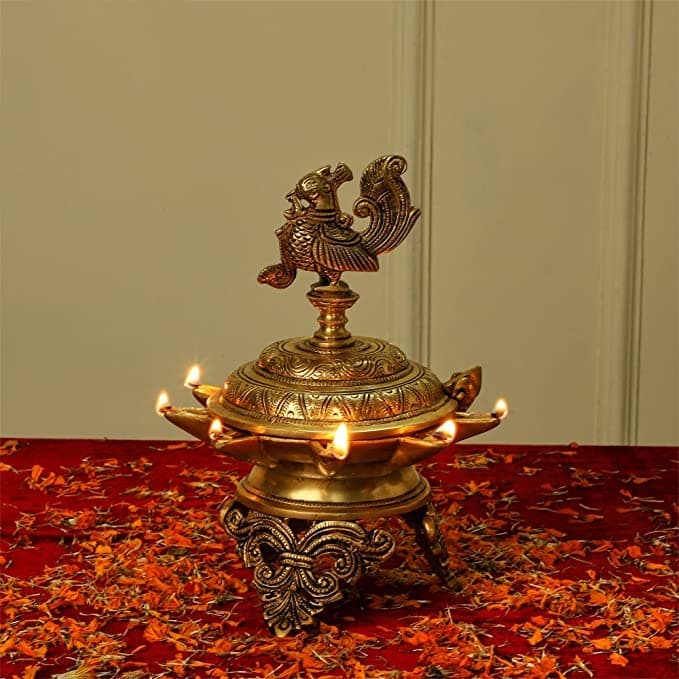 Jaszz Art Brass Peacock Diya 10 inches and 32 Kg with Stand Ethnic Design Handmade Curved Oil Wick Antique Deepak Lamp for Home Decor Temple Puja Office Counter Diwali Decoration Festival Gifts