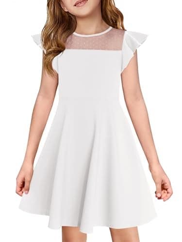 Haloumoning Girls Dress Summer Ruffle Sleeve Mesh A Line Casual Party Dresses with Pockets for Kids 4-14 Years White