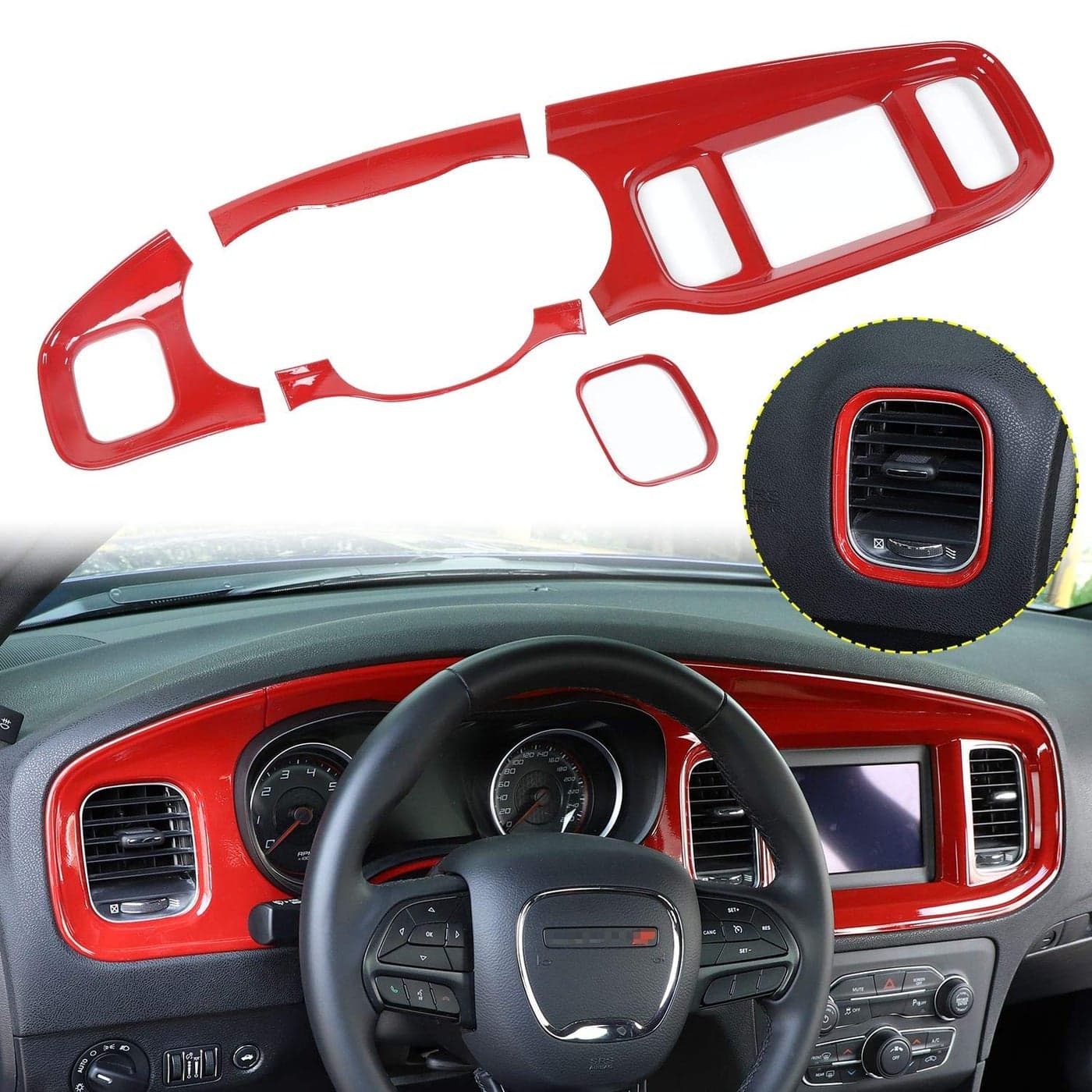 JWWY for Charger Center Consoles Dash Board Dashboard Instrument Gauge Cluster Dash Fascia Trim Panel Garnish Bezel for 20152024 Dodge Charger Interior Accessories Red