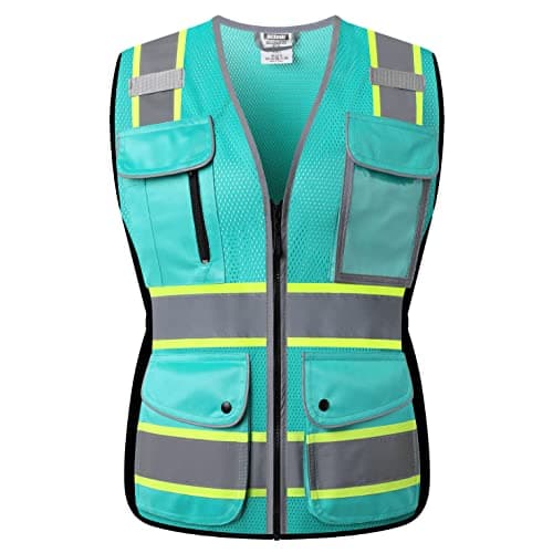 HATAUNKI High Visibility Reflection Peacock Mesh Safety Vests with 9 Pockets and Front Zipper, hi vis safety vest for Women, Meets ANSI/ISEA Standards(Peacock-16,M)