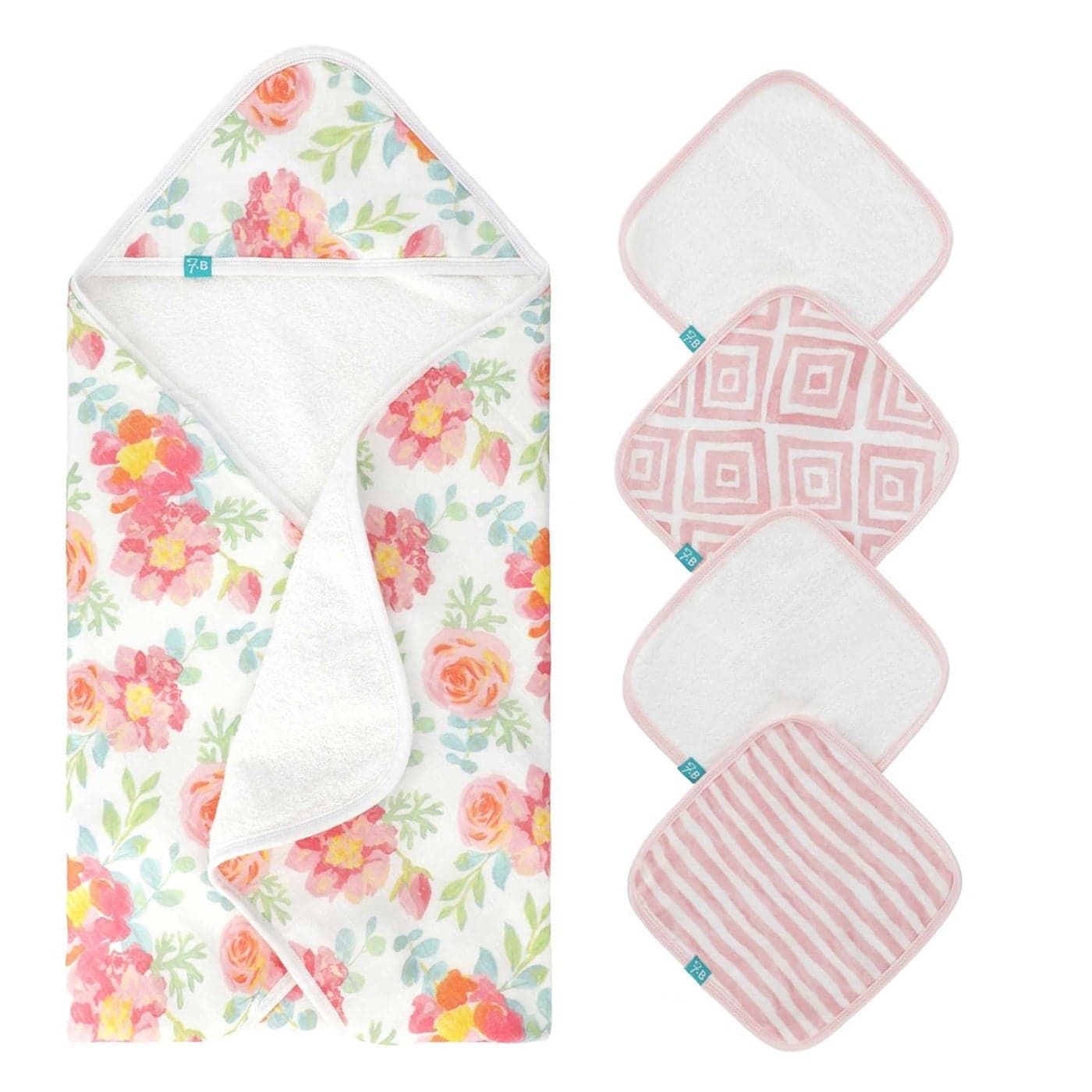 Featherhead 5Piece 100 Cotton Muslin Hooded Bath Towel Washcloths Set for Baby Girl Ultra Soft and Extra Absorbent Newborn Essential Perfect Baby Registry Gift Garden Floral