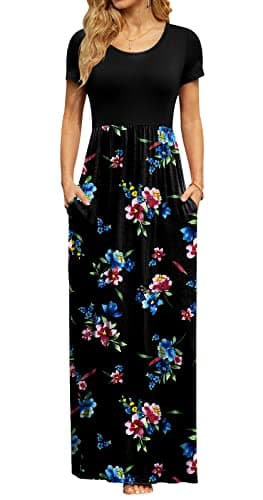 DB MOON Womens Casual Maxi Dresses Short Sleeve Empire Waist Long Dress for Beach with Pockets(Blue Floral Black, M)
