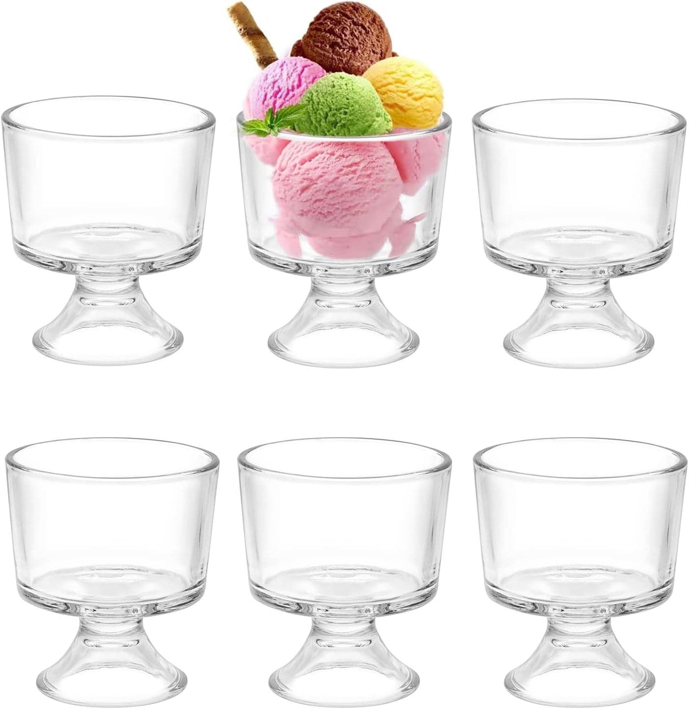 6PCS Set 10 oz Glass Dessert BowlsCups Cute Footed Dessert Bowls for Ice Cream Trifle Fruit Pudding Snack Salad Condiment Sundae Cocktail Drinks Party