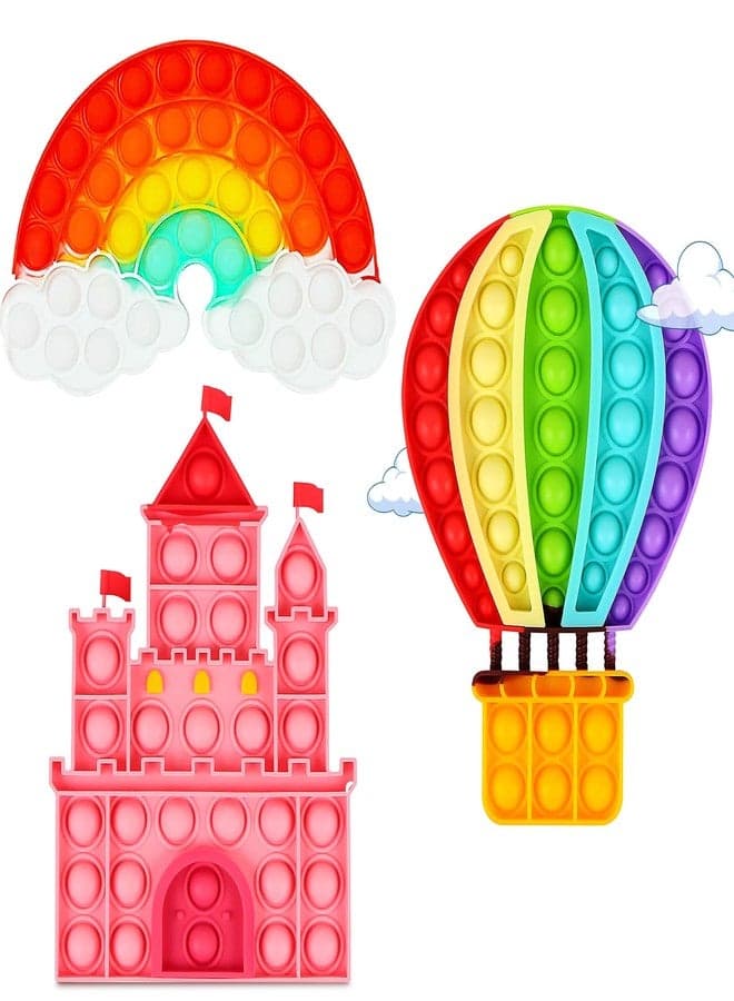 3 Pcs Bubble Fidget Toys,Push Poppers Rainbow Cloud Balloon Pink Castle Sensory Bulk Sets,Stress Relief Squeeze Toy for Toddler Kids Girls Adults,Gift Favors for Birthday Party Classroom Prizes