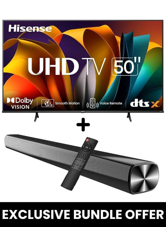 50-Inch A61N 4K UHD LED Smart TV + Powerful 2.0 Ch Soundbar | VIDAA Smart OS, 60 Hz, HDR10, 4K AI Upscaling, Direct Full Array | USB, HDMI ARC, Bluetooth - 50A61N+SOUNDBAR (2024) 50A61N+SOUNDBAR black