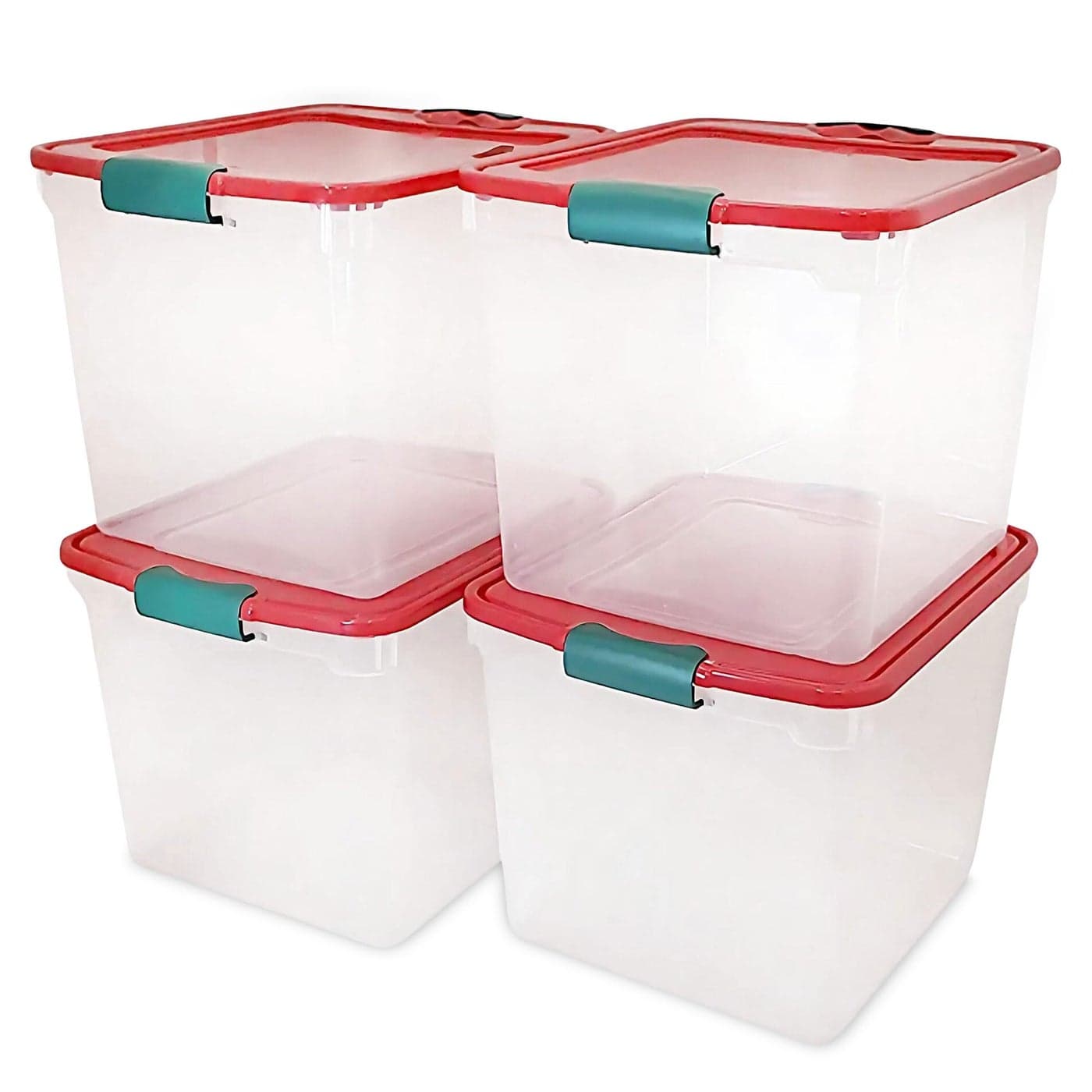 HOMZ 4Pack Holiday Tote Plastic Storage Organizer Bins with Lids 31 Quart ClearRed Stackable Organizing Containers for Home Garage and Office