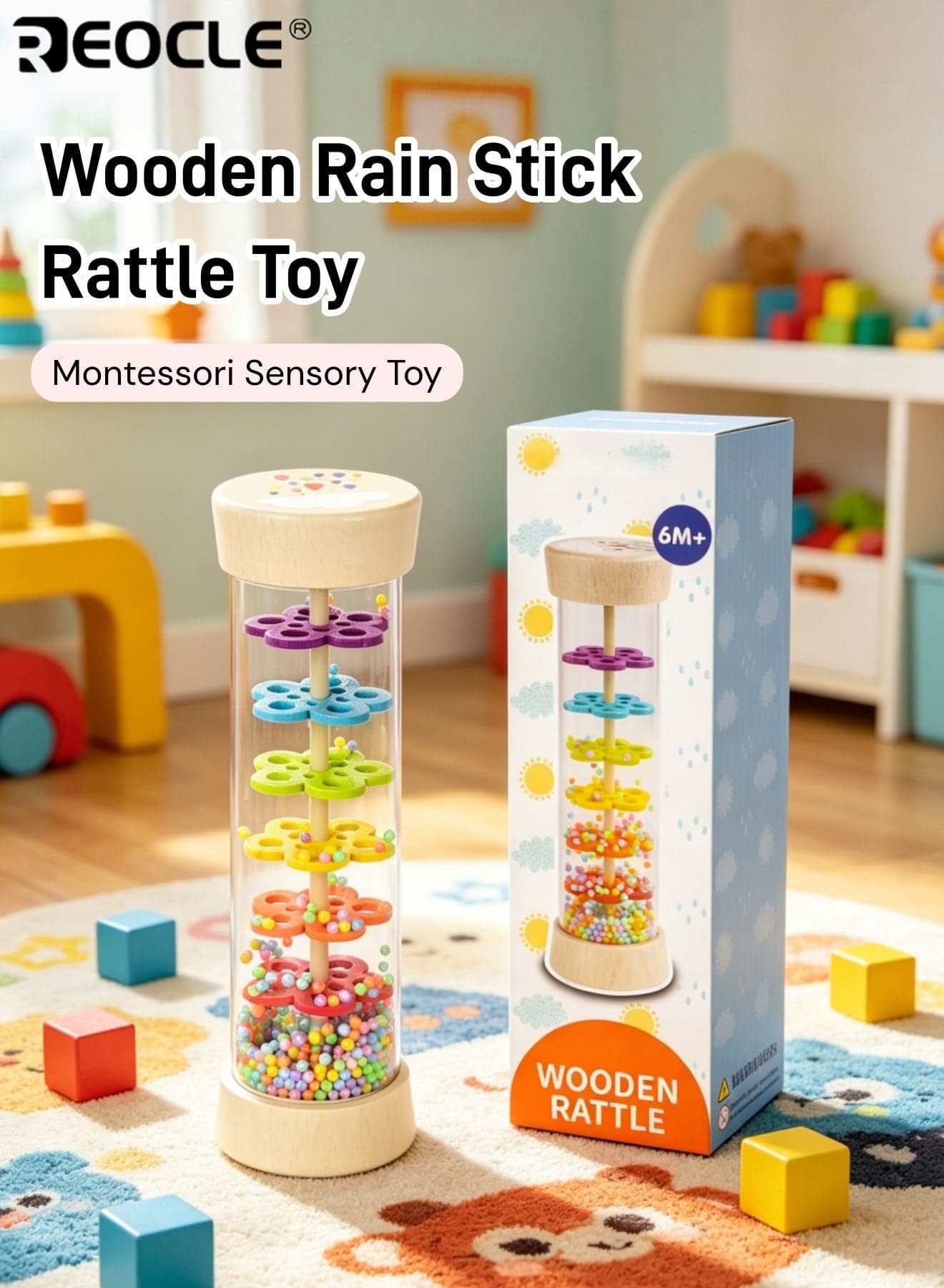 Baby's Rain Stick Sensory Toy with Wooden Rainmaker Design and Montessori Feature Baby Rattle with Musical Sound for Infant Auditory Development
