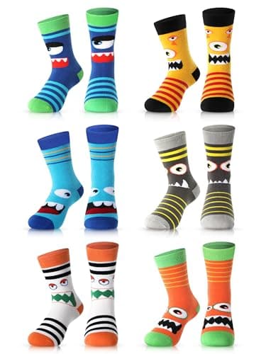 Jinei 6 Pairs Boys Monster Pattern Socks Kids Toddler Funny Crazy Cotton Crew Socks Novelty Christmas Gift Party Favors(4-7 Years)