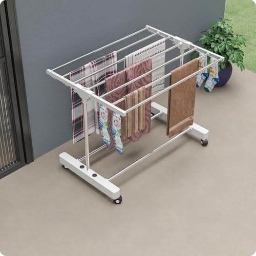 RIOMAX 1 Pole 1-Tier Premium Heavy-Duty Stainless-Steel Clothes Drying Stand with Wheels, Foldable Laundry Rack with Sock Holder, Indoor & Outdoor Cloth Dryer for Balcony Terrace (SS, Pack of 1)
