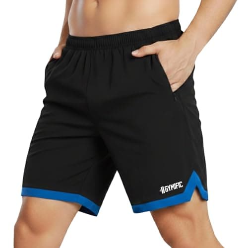 GYMIFIC Men’s Black Sports Shorts | Lightweight Quick-Dry Gym, Running & Training Shorts with Contrast Blue Design, Zipper Pockets & Stretchable Fabric for Football & Fitness (XL, Black)