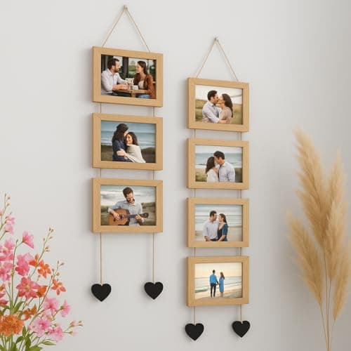Stuthi Arts Hanging Photo Frame Collage Set, 5x7 inch, 7 Picture Frames with Heart Accents (Light oak)