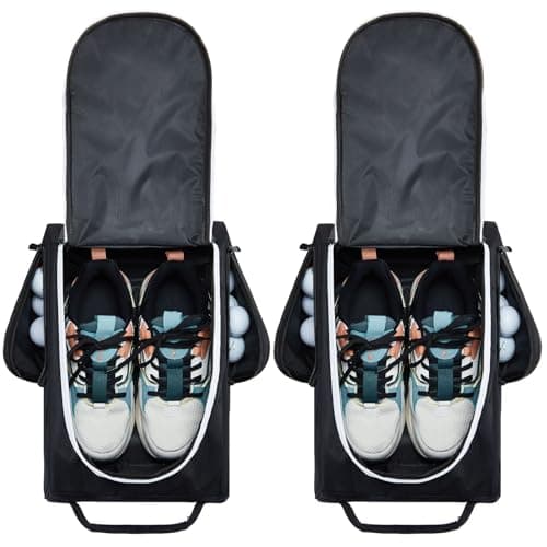 Funtery 2 Pcs Golf Shoe Bag for Travel Zippered Sports Shoe Carrier Tote Bags Golf Accessories with Ventilation Outside Pocket for Balls Tees Socks Accessories Men Women(Black, Gray)